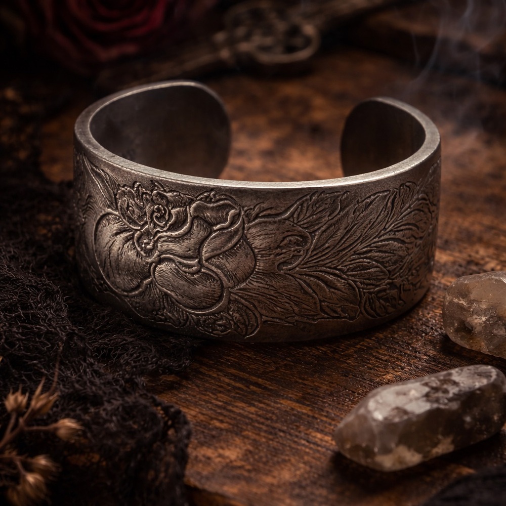 Vintage Pewter Cuff Bracelet Salisbury Wide Floral Phoenix Boho Statement - Picture 1 of 10